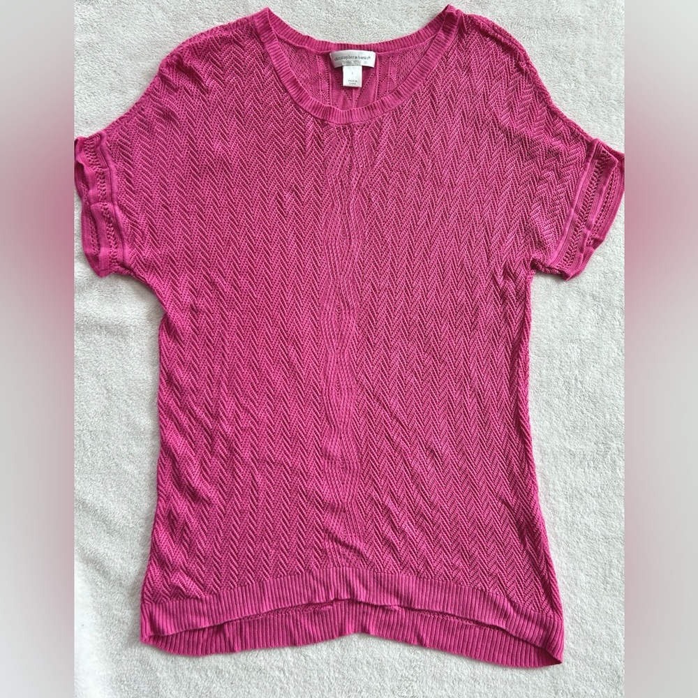 Christopher & Banks Pink Chevron Herringbone Short Sleeve Open Knit Top size L